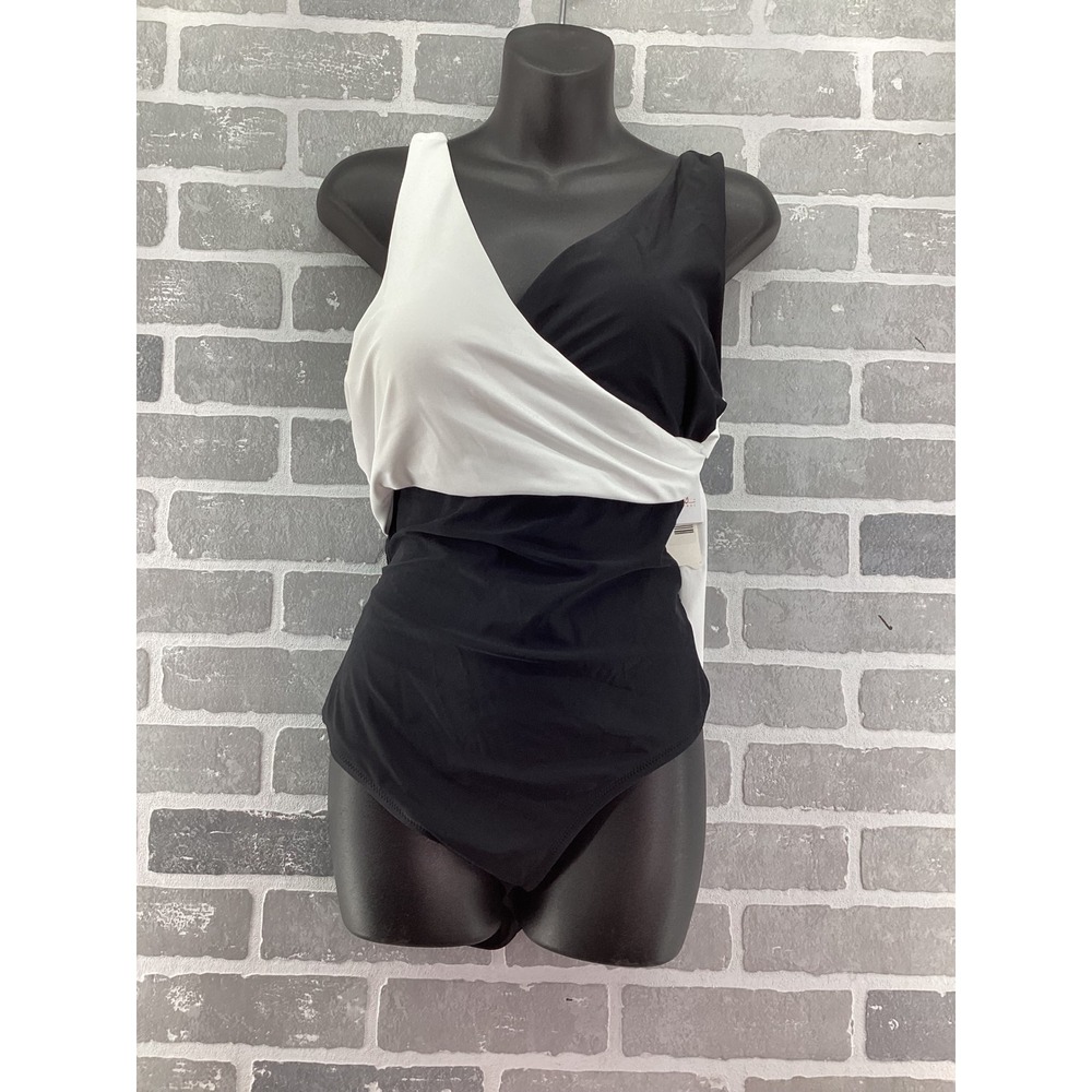 Raisins Curve Womens Black White Colorblock Wrap One Piece Swimsuit 18W E840080